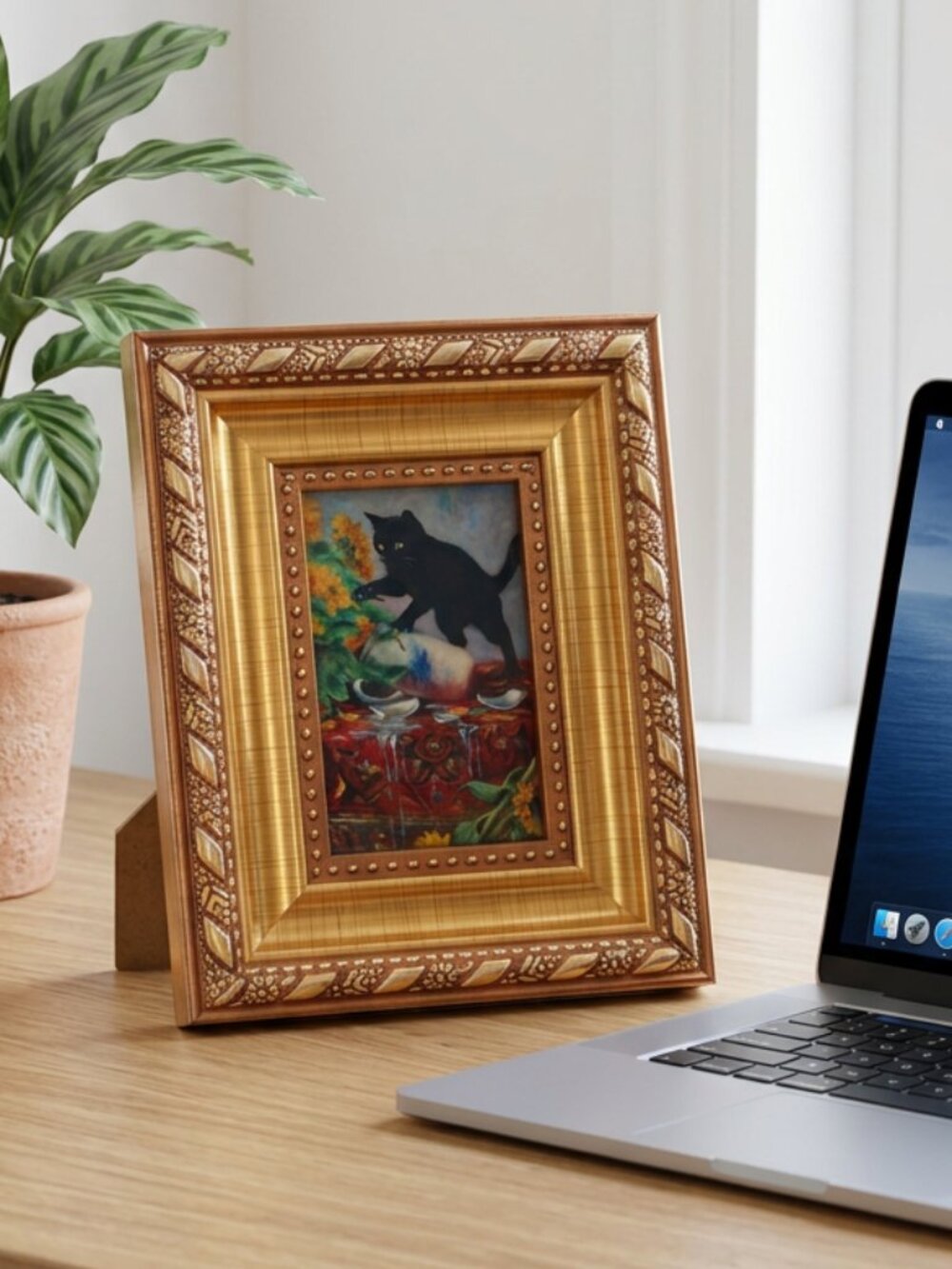 Handmade Mini Framed Print - Monet Sunflowers Black Cat 4.75x3.75"